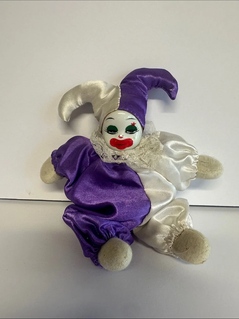 Purple & White Satin Jester Clown Doll